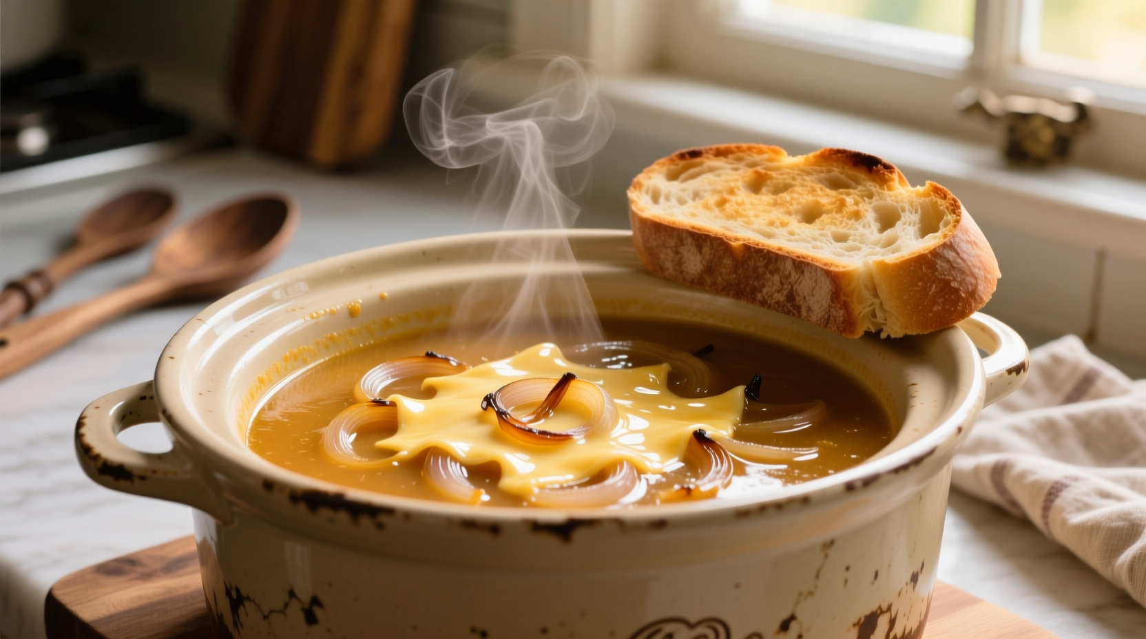 Crockpot filled with golden French onion soup