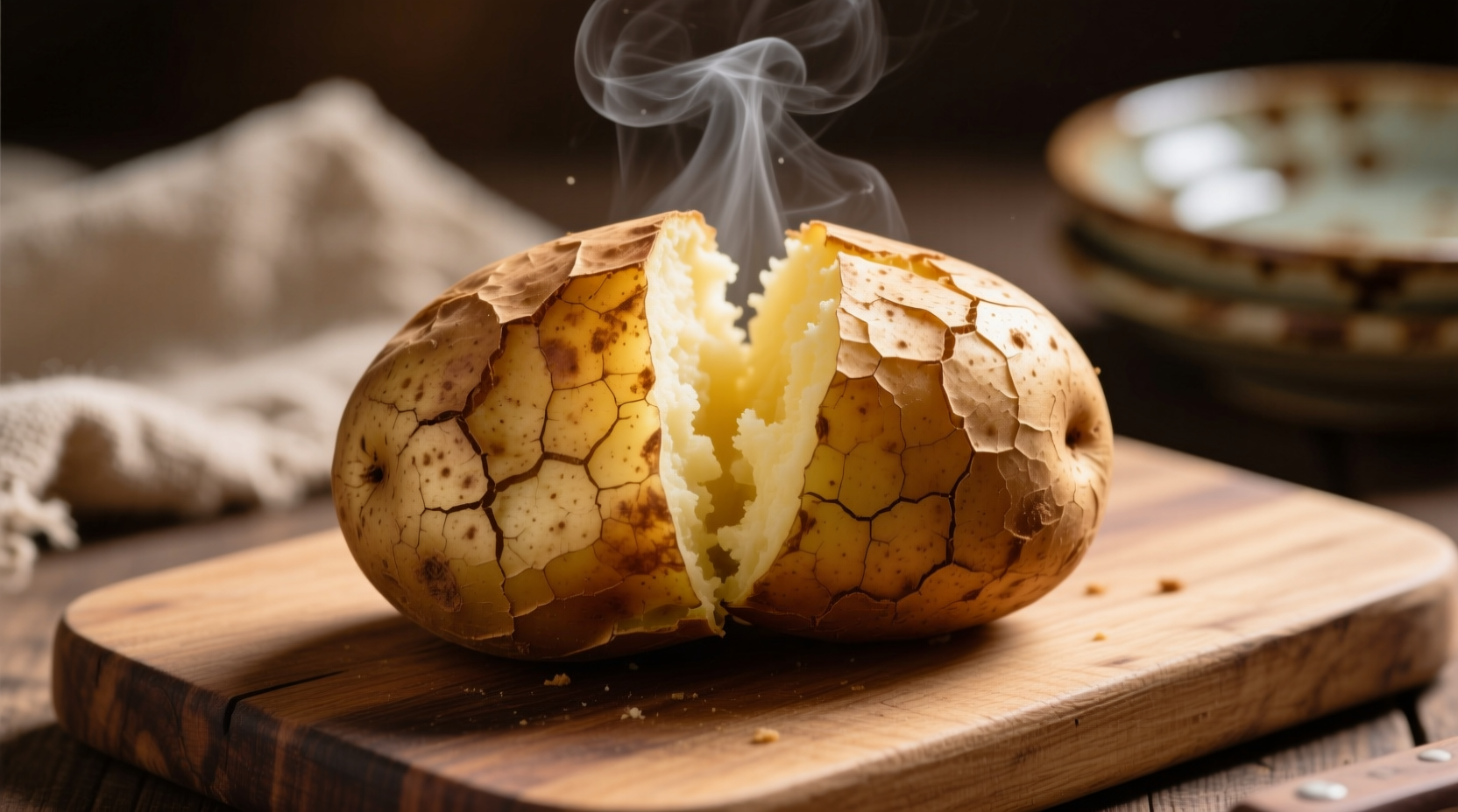Medium baked potato with skin on cutting board