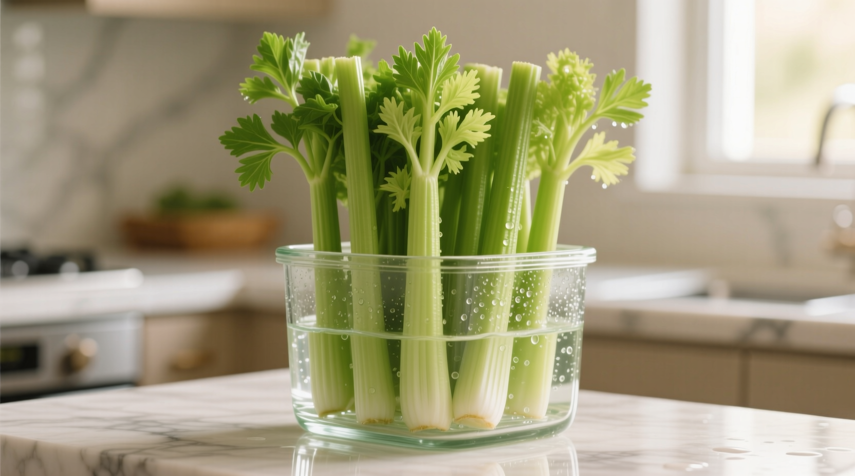 Fresh celery stalks in water storage container