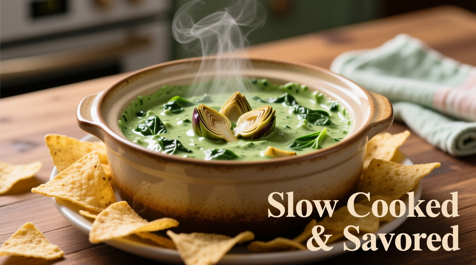 Slow cooker spinach artichoke dip with chips