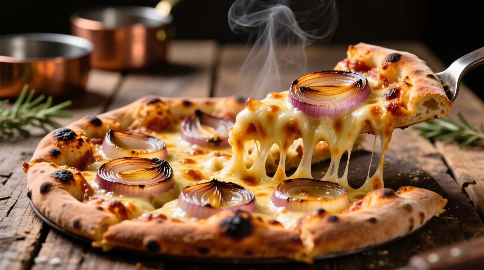 Golden French onion pizza with melted cheese