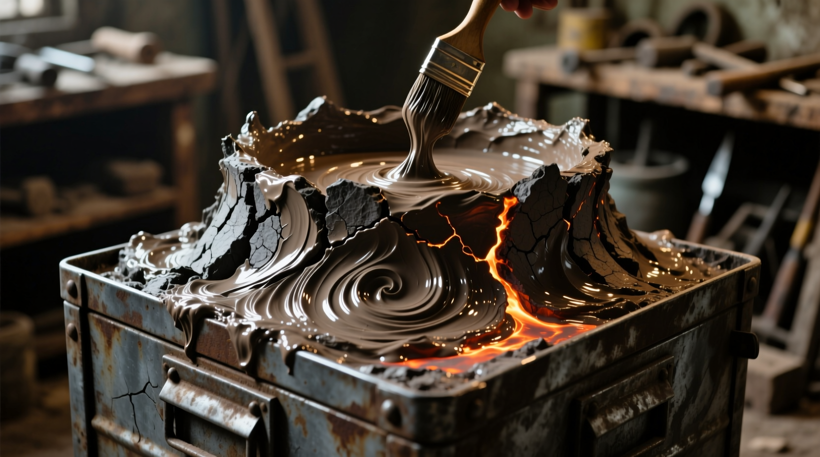 Applying texture paste to storage bin for cauldron effect