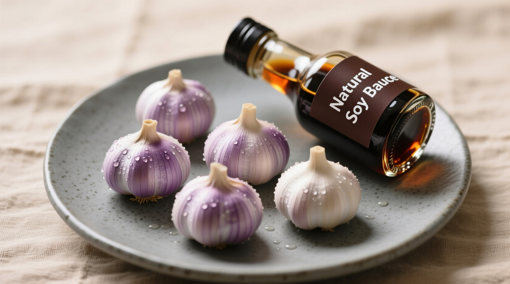 Frische Knoblauchzehen und Sojasoßen-Zutaten auf Holzbrett