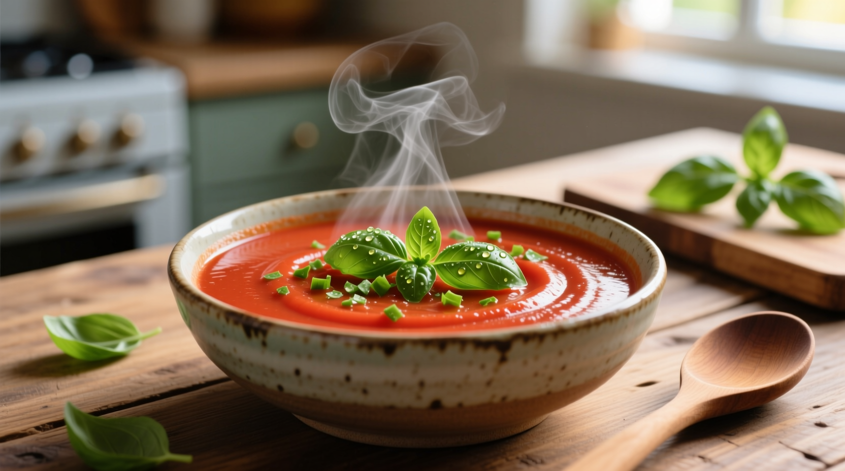 Aldi tomato soup in bowl with fresh basil garnish