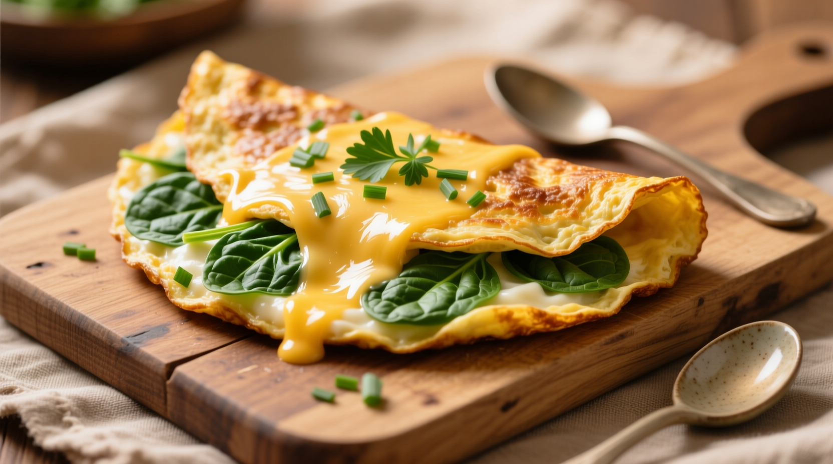 Golden spinach omelette with melted cheese and fresh herbs