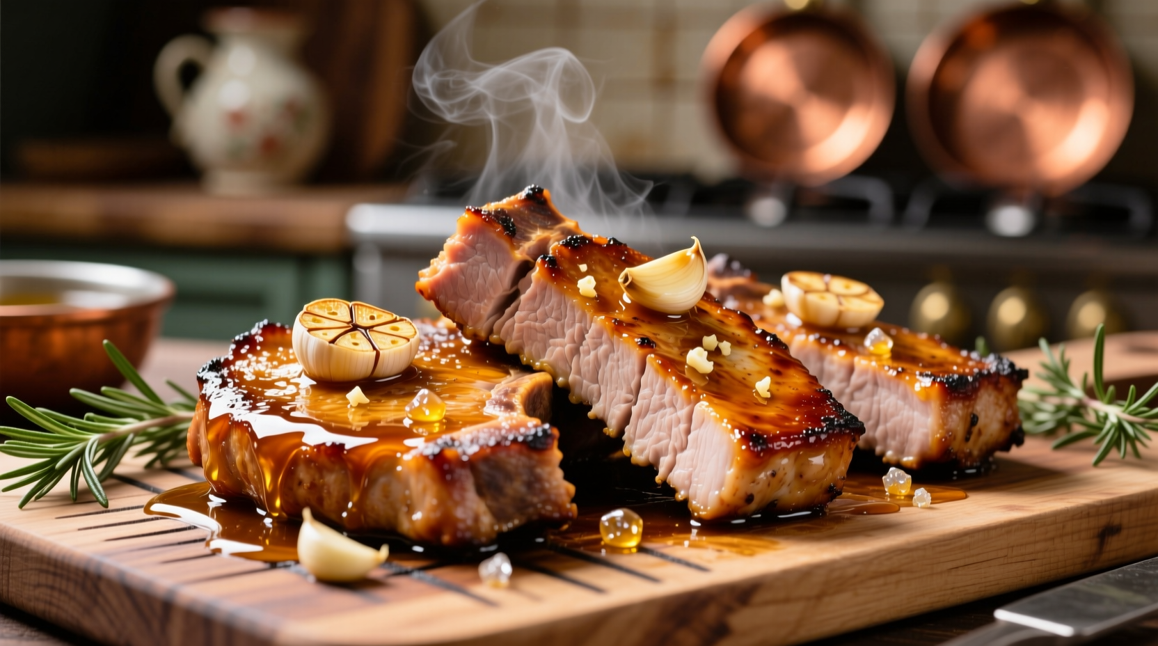 Golden garlic honey pork chops with caramelized glaze