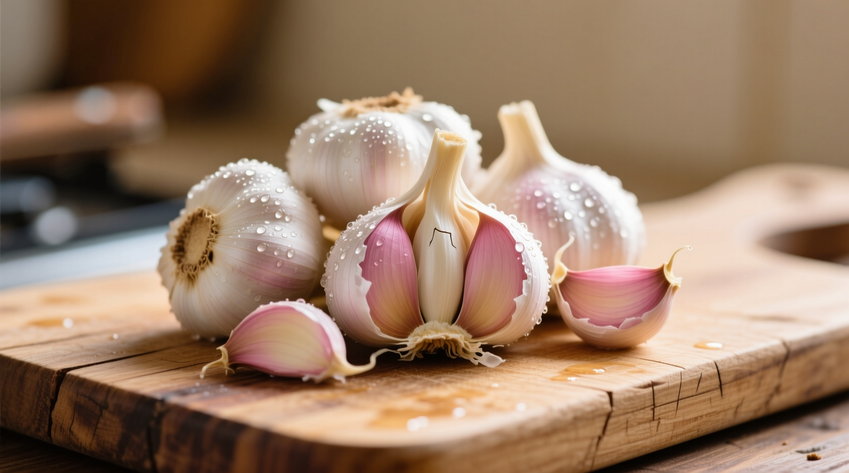 Fresh garlic cloves with chopping board