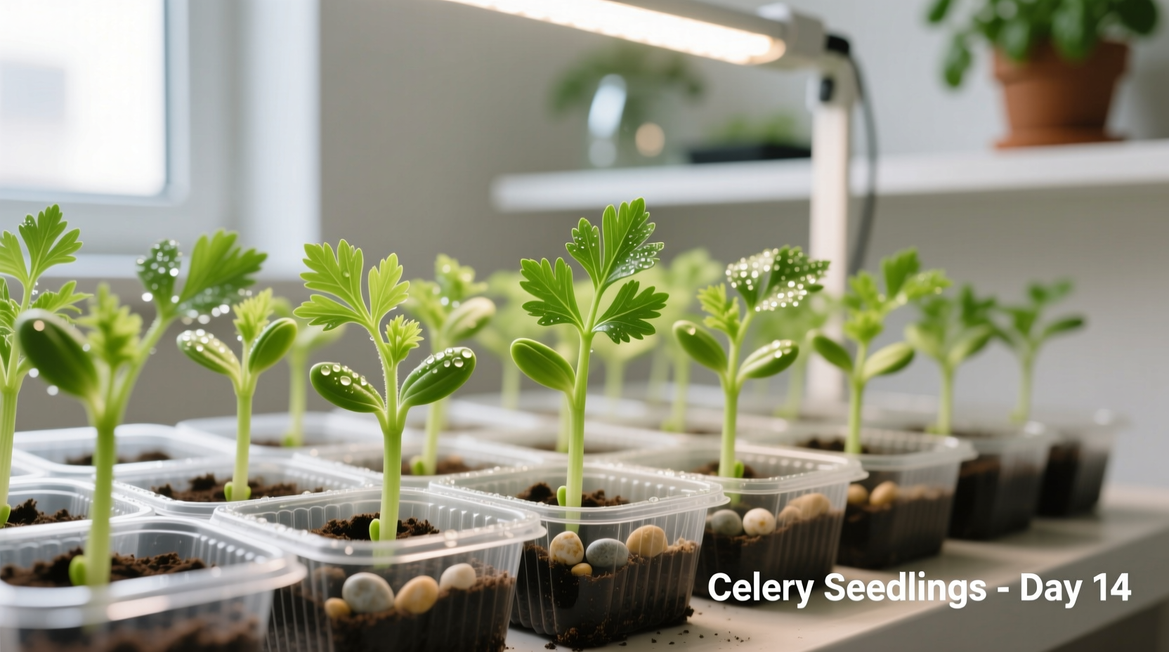 Celery seedlings growing in indoor seed trays