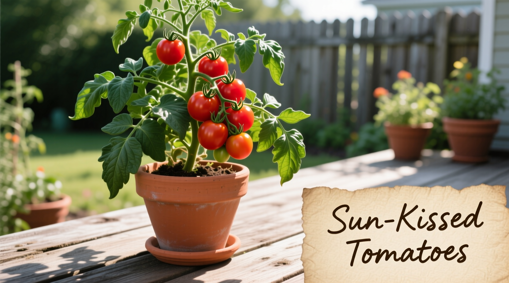 Healthy tomato plant growing in container on sunny patio