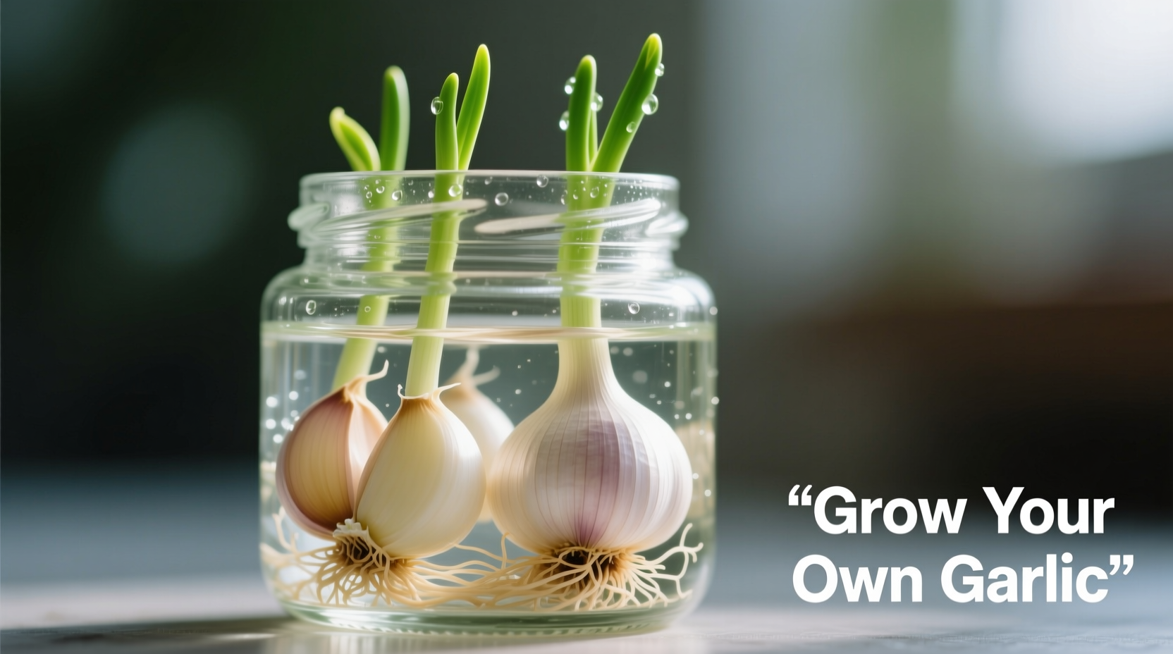 Garlic cloves sprouting in water glass