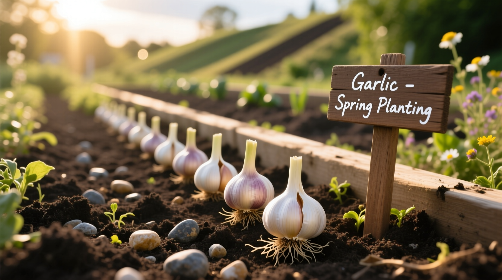 Garlic cloves ready for spring planting in garden bed