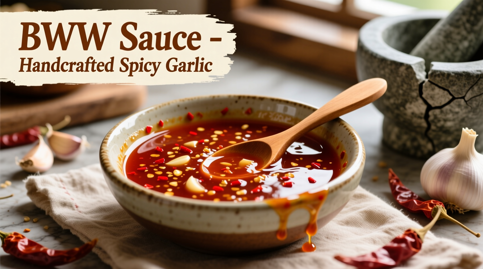 Homemade spicy garlic BWW sauce in dipping bowl
