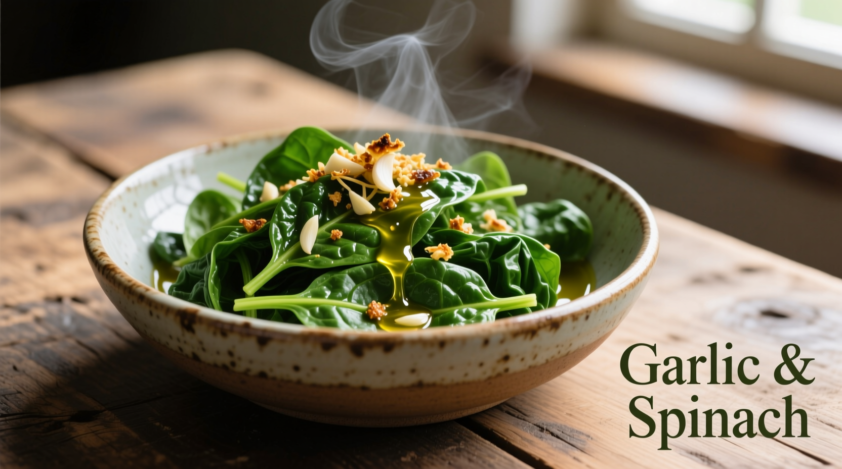 Fresh cooked spinach in a ceramic bowl with garlic