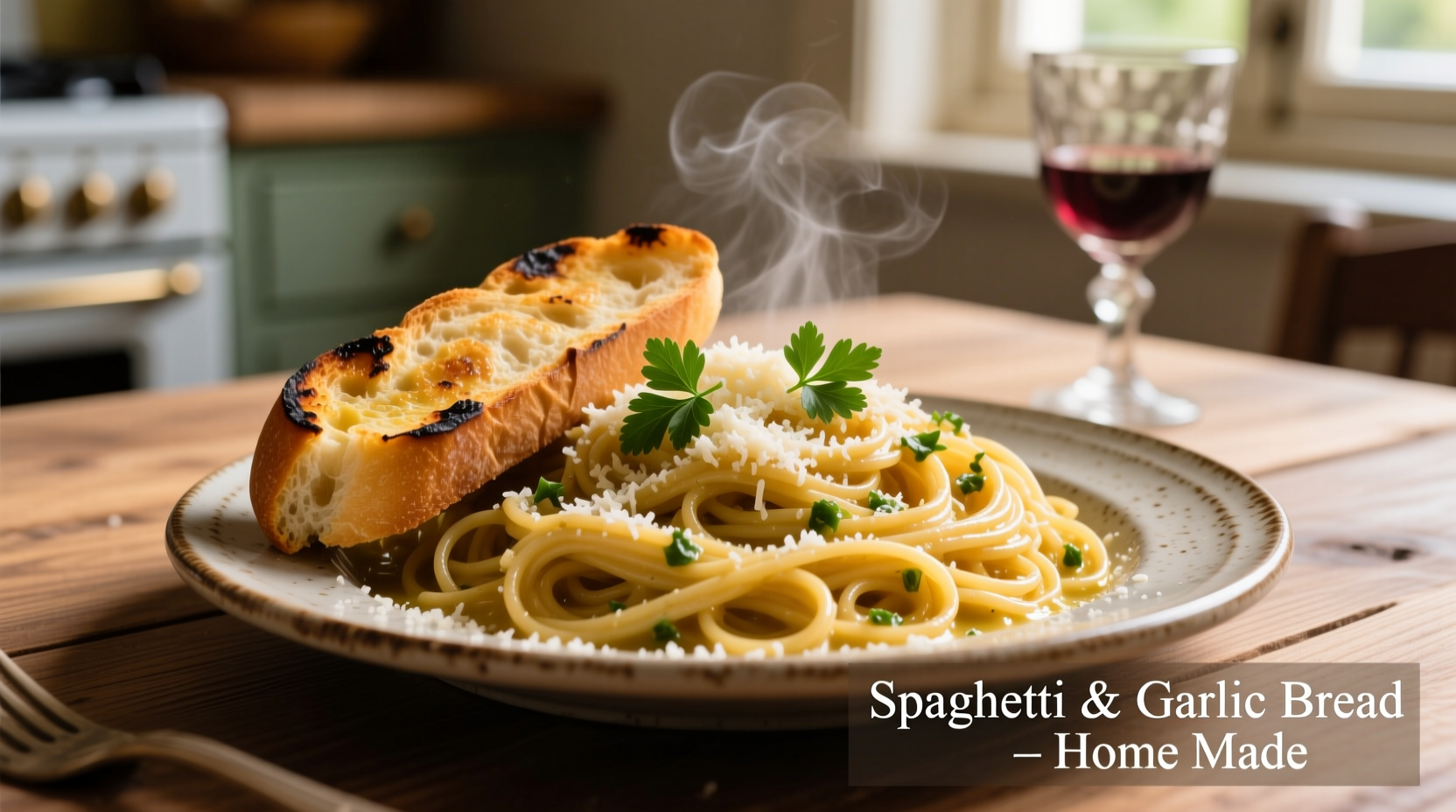 spaghetti with garlic bread