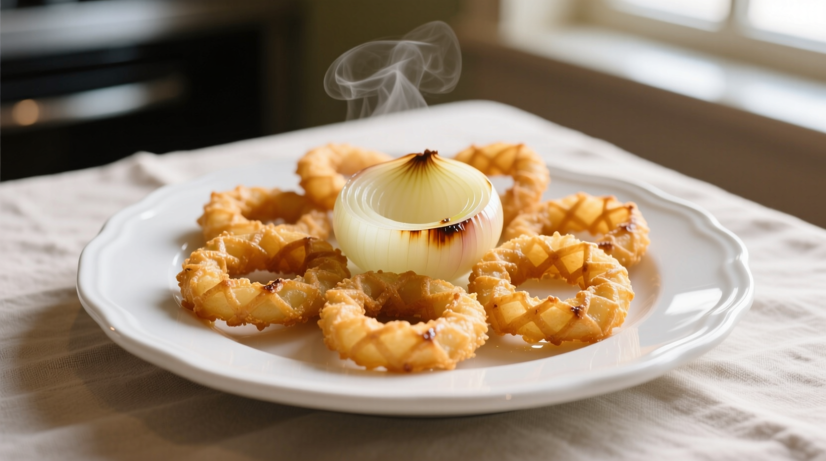 Freshly made crispy onion rings on a white plate