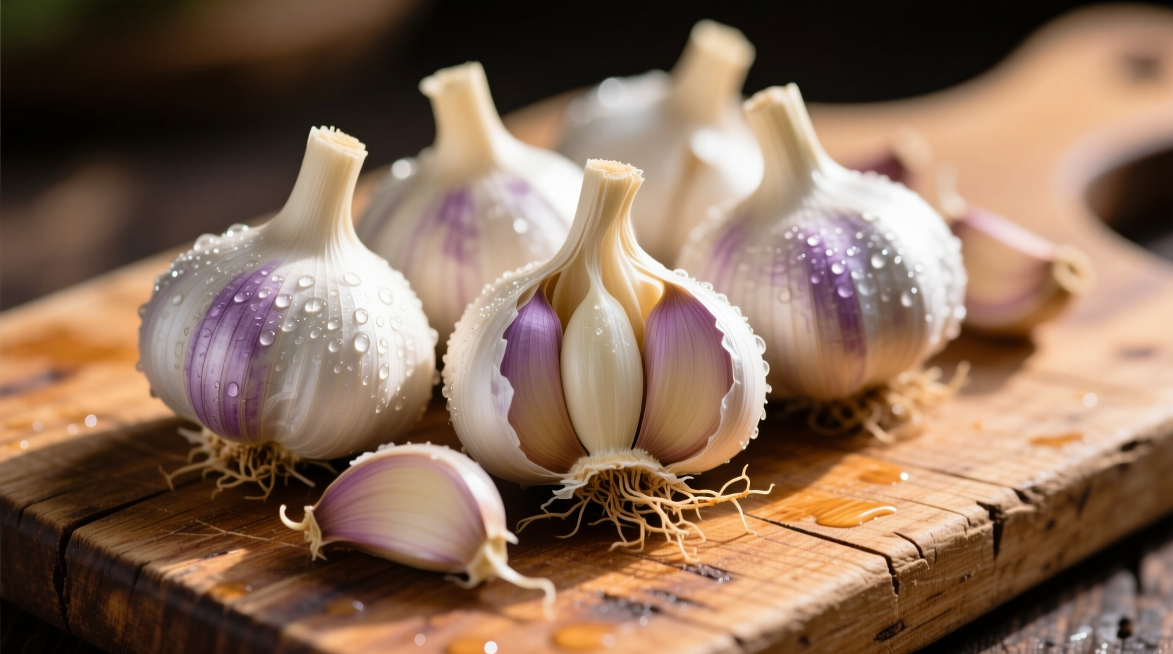 Close-up of fresh garlic cloves on wooden cutting board