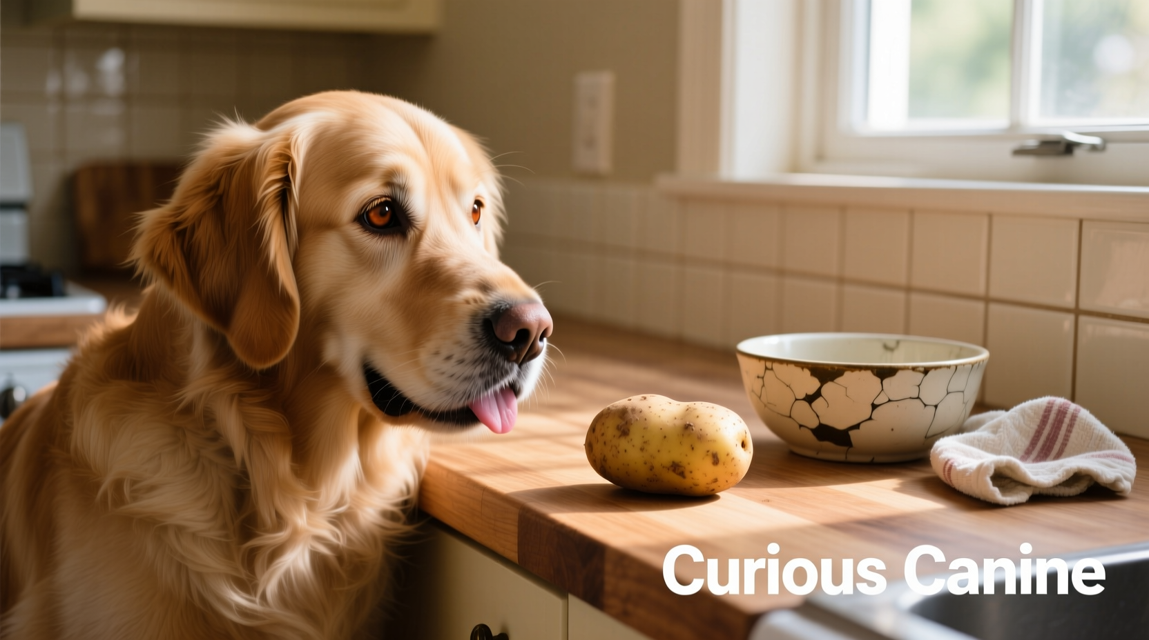 Golden retriever looking at raw potato on kitchen counter
