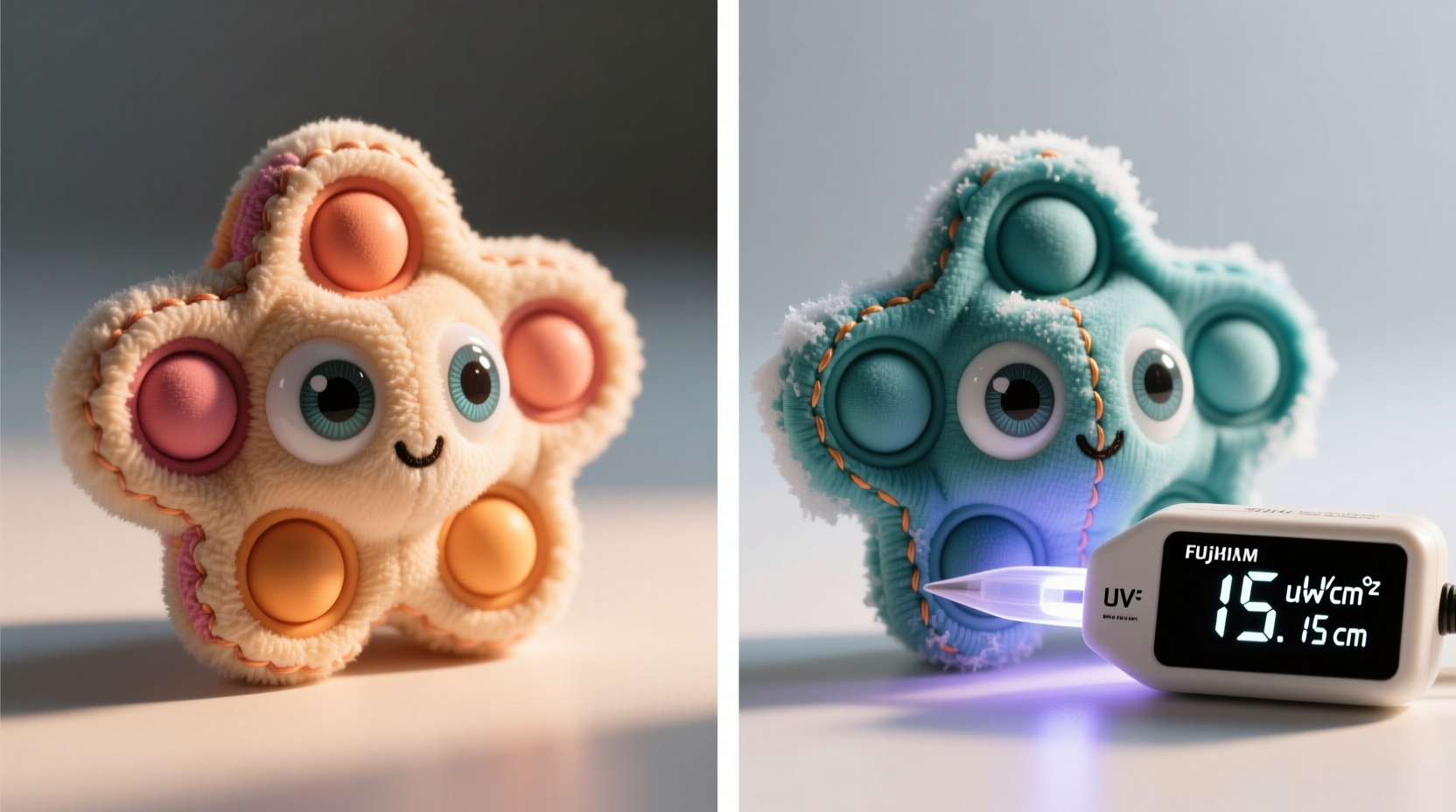 Side-by-side comparison showing a plush fidget toy before and after 72-hour freezing: left panel shows intact plastic eyes and stitched seams; right panel highlights same toy post-UV-C treatment with no discoloration or warping, next to a calibrated UV-C meter reading 15 cm from fabric surface
