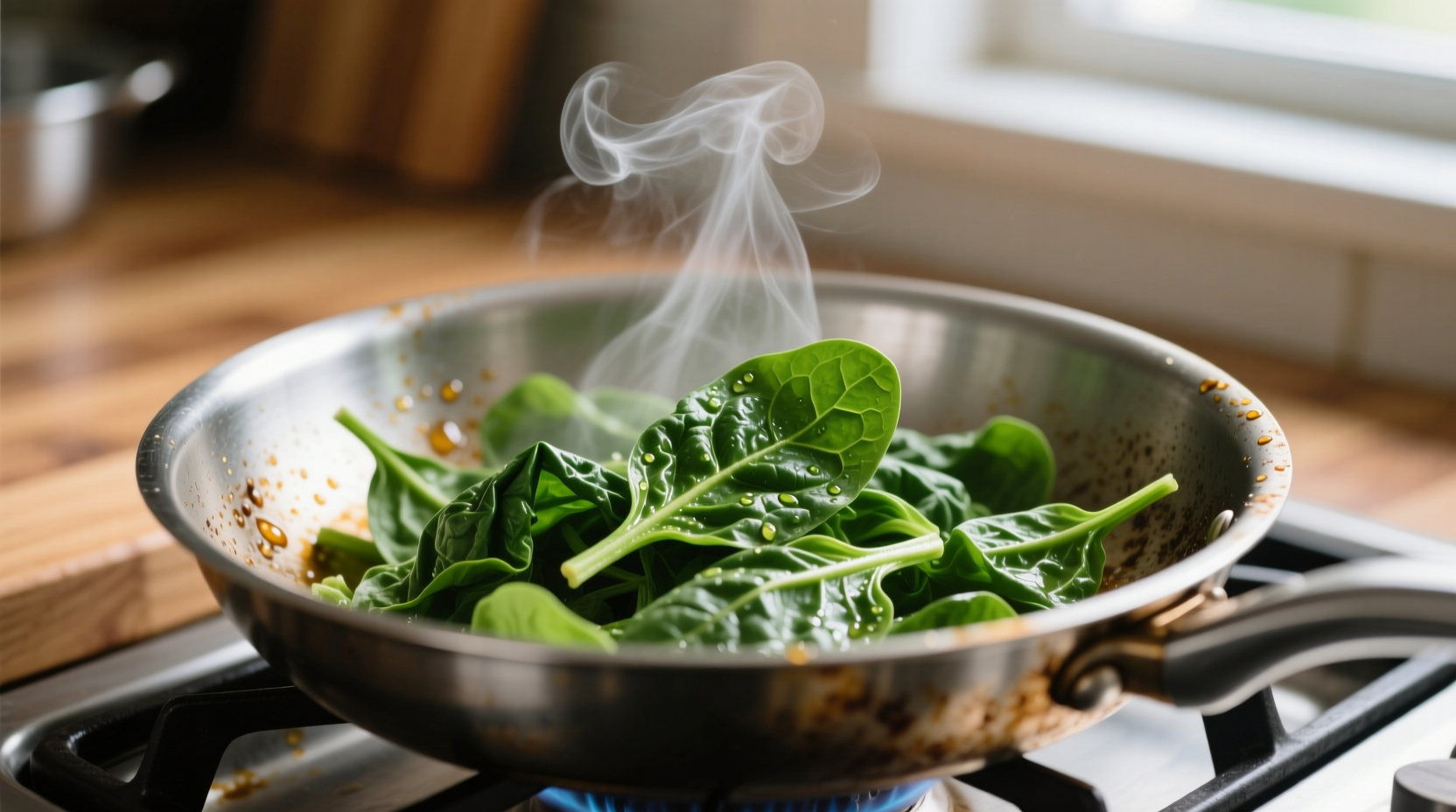 Fresh spinach wilting in a skillet with steam rising