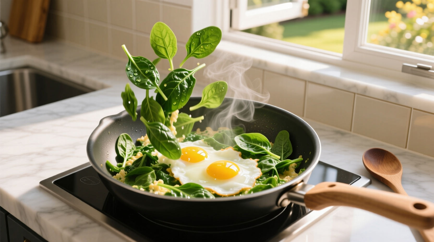 Chef preparing vibrant green spinach egg scramble in non-stick skillet