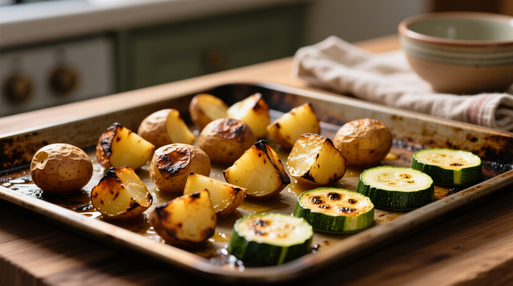 Golden roasted potatoes and zucchini on sheet pan