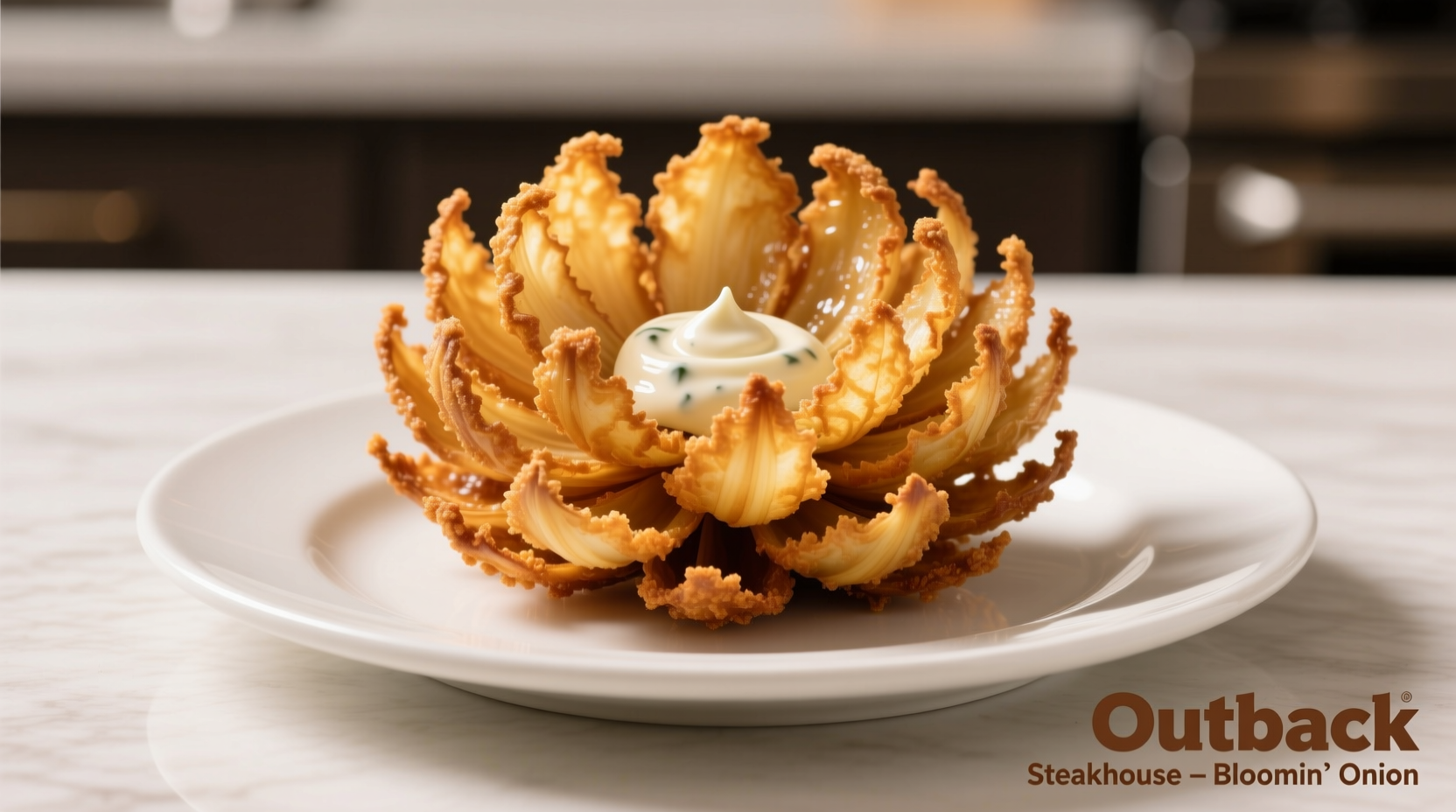 Freshly prepared Outback Steakhouse Bloomin' Onion on white plate