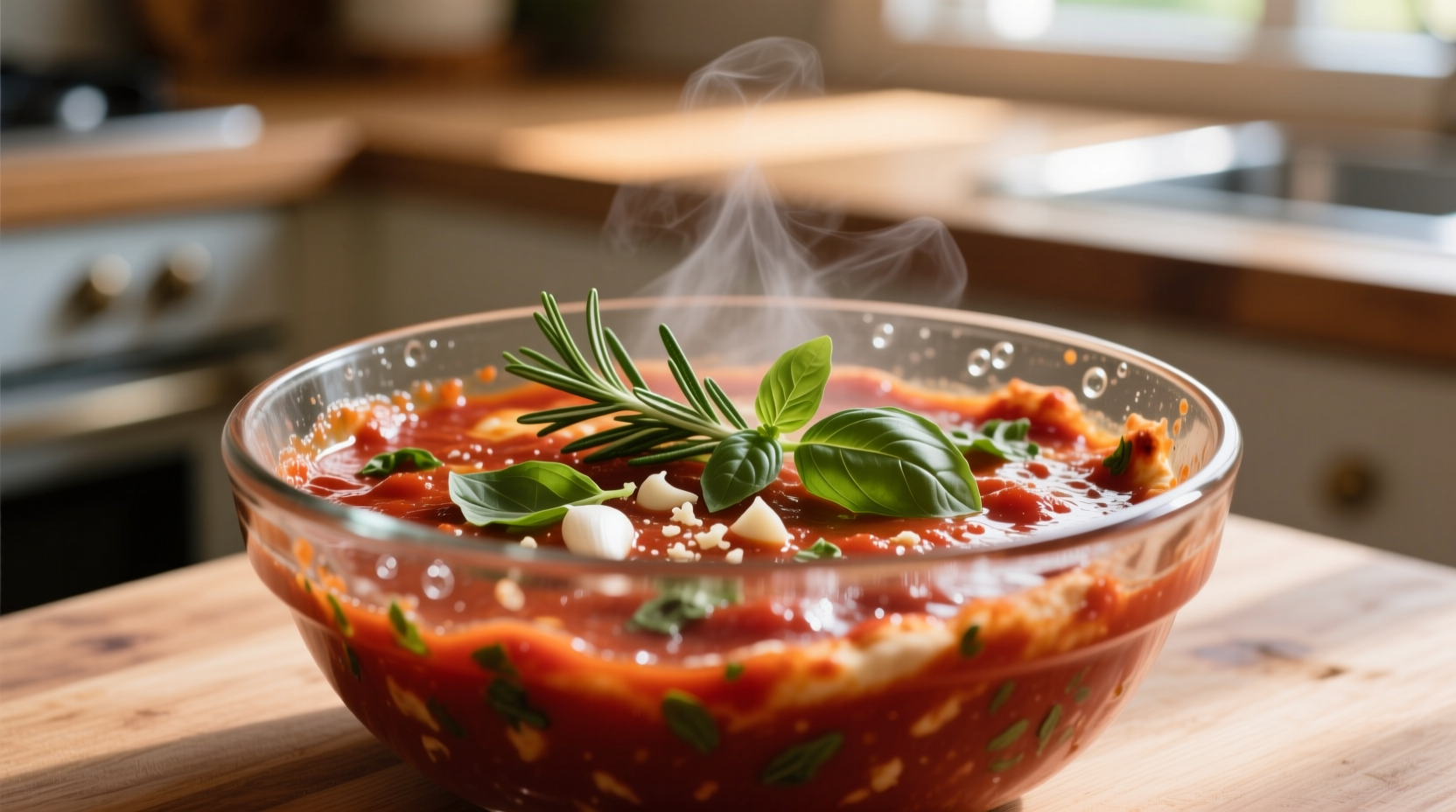 Homemade pizza sauce in glass bowl with herbs
