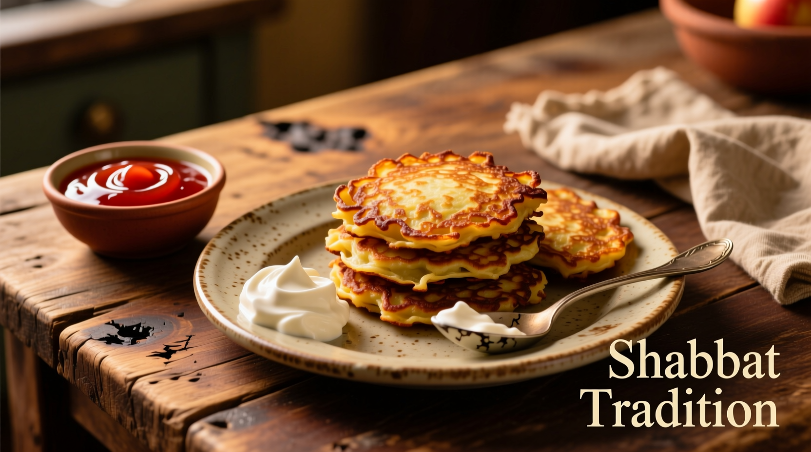 Traditional potato latkes served with applesauce and sour cream