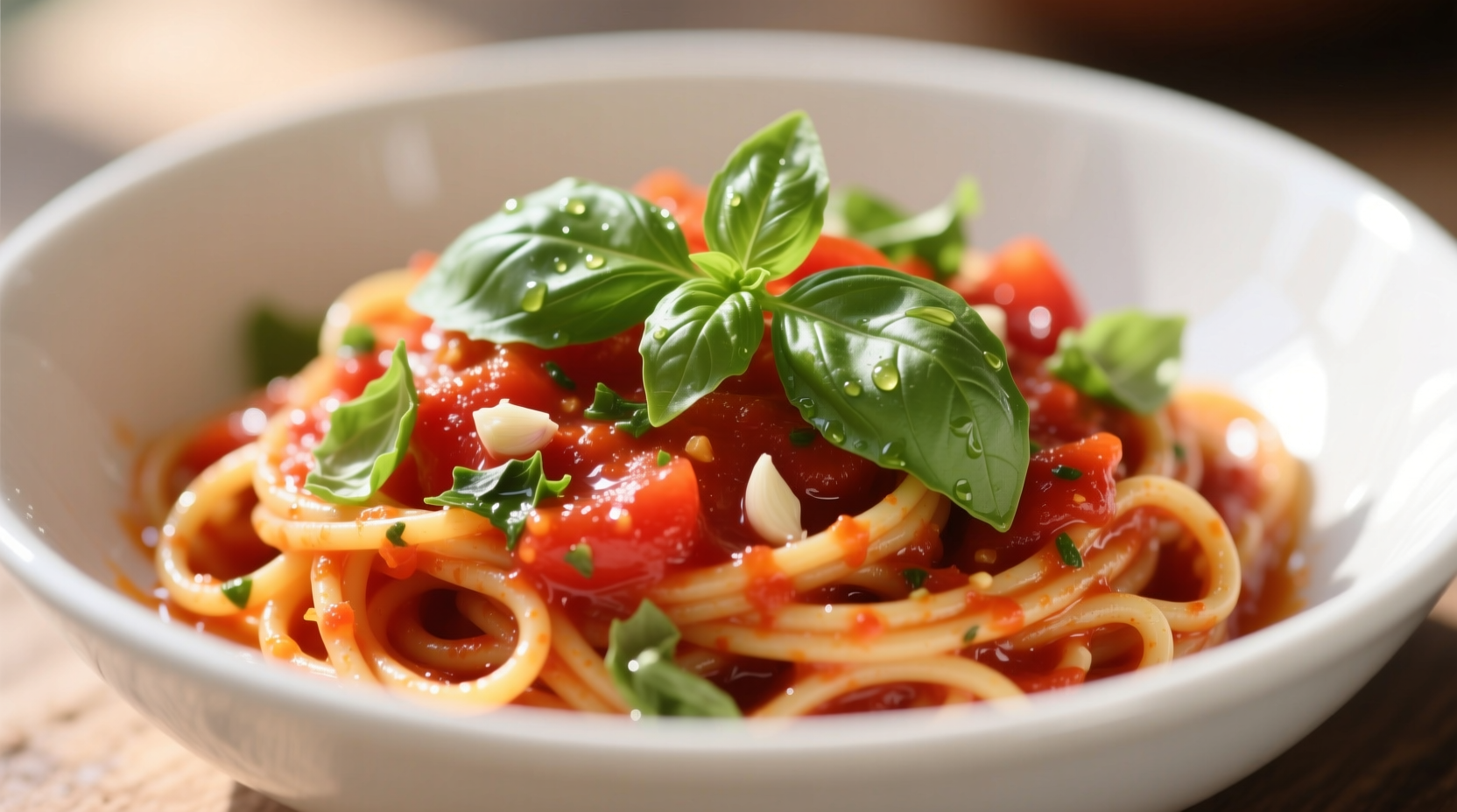 Fresh tomato pasta with basil garnish in white bowl