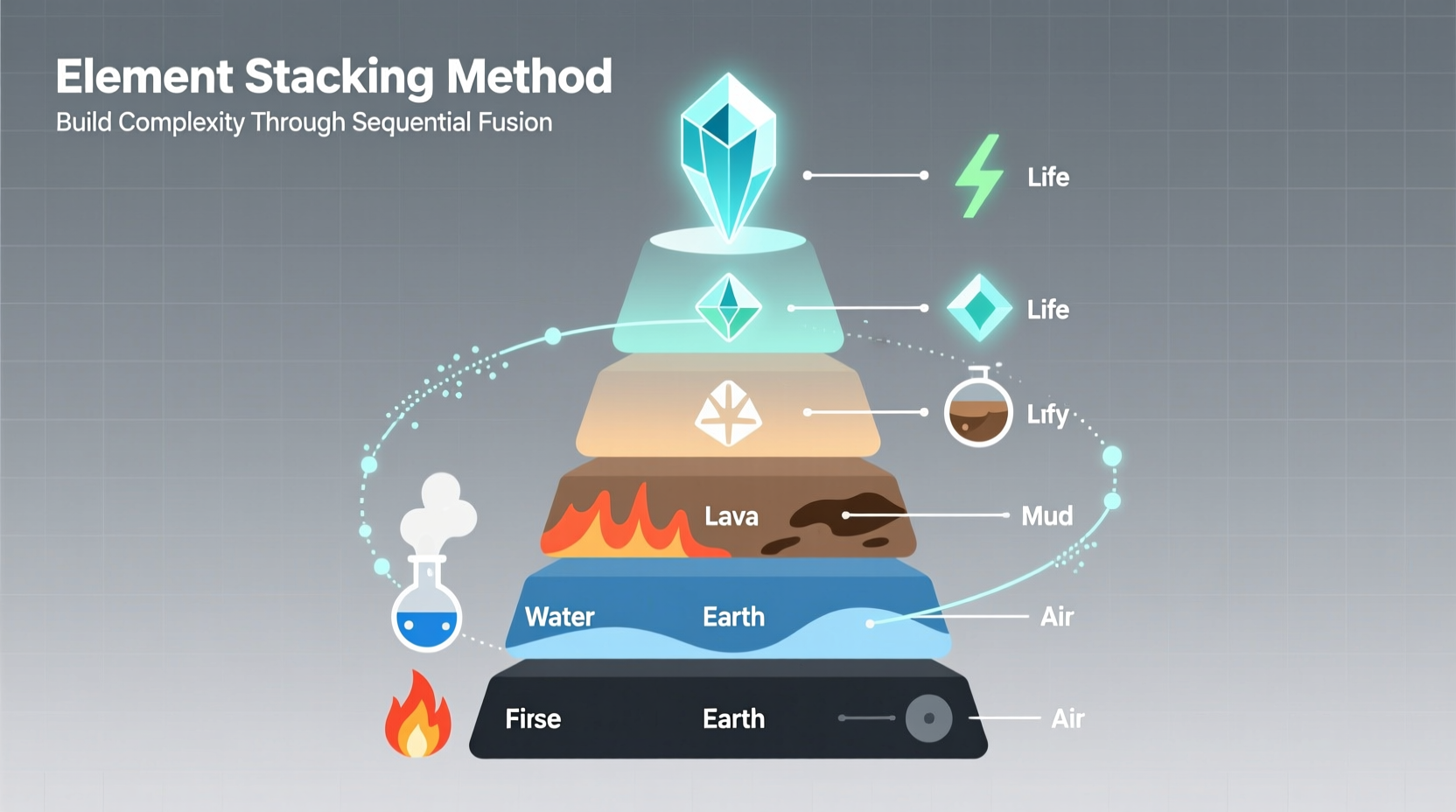 Infinite Craft strategy diagram showing element stacking method
