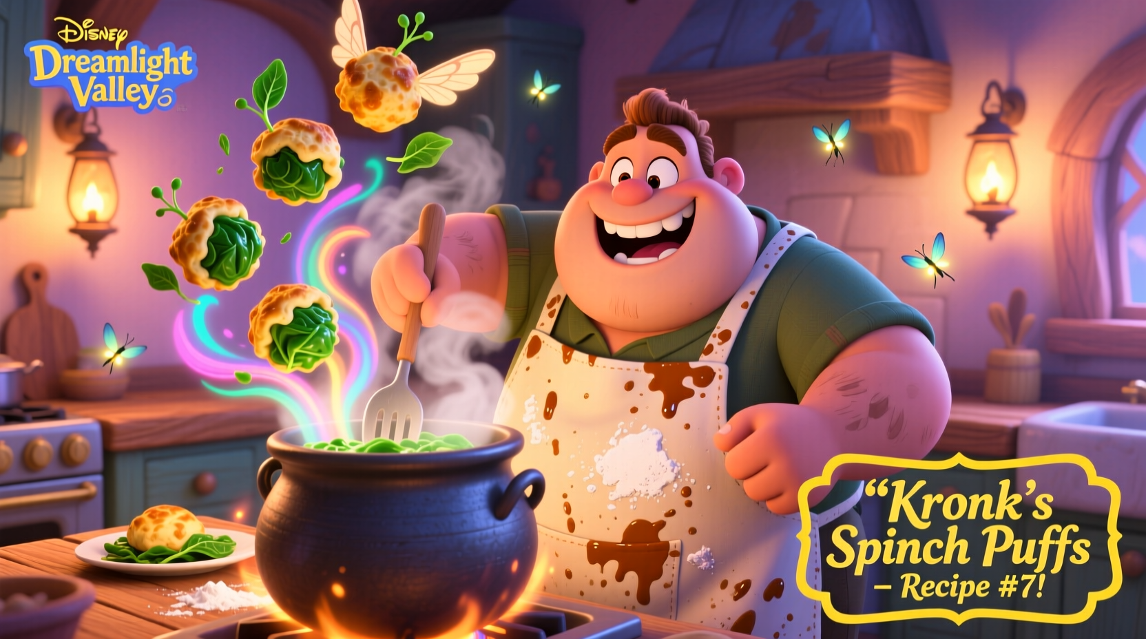 Kronk's spinach puffs cooking animation in Dreamlight Valley