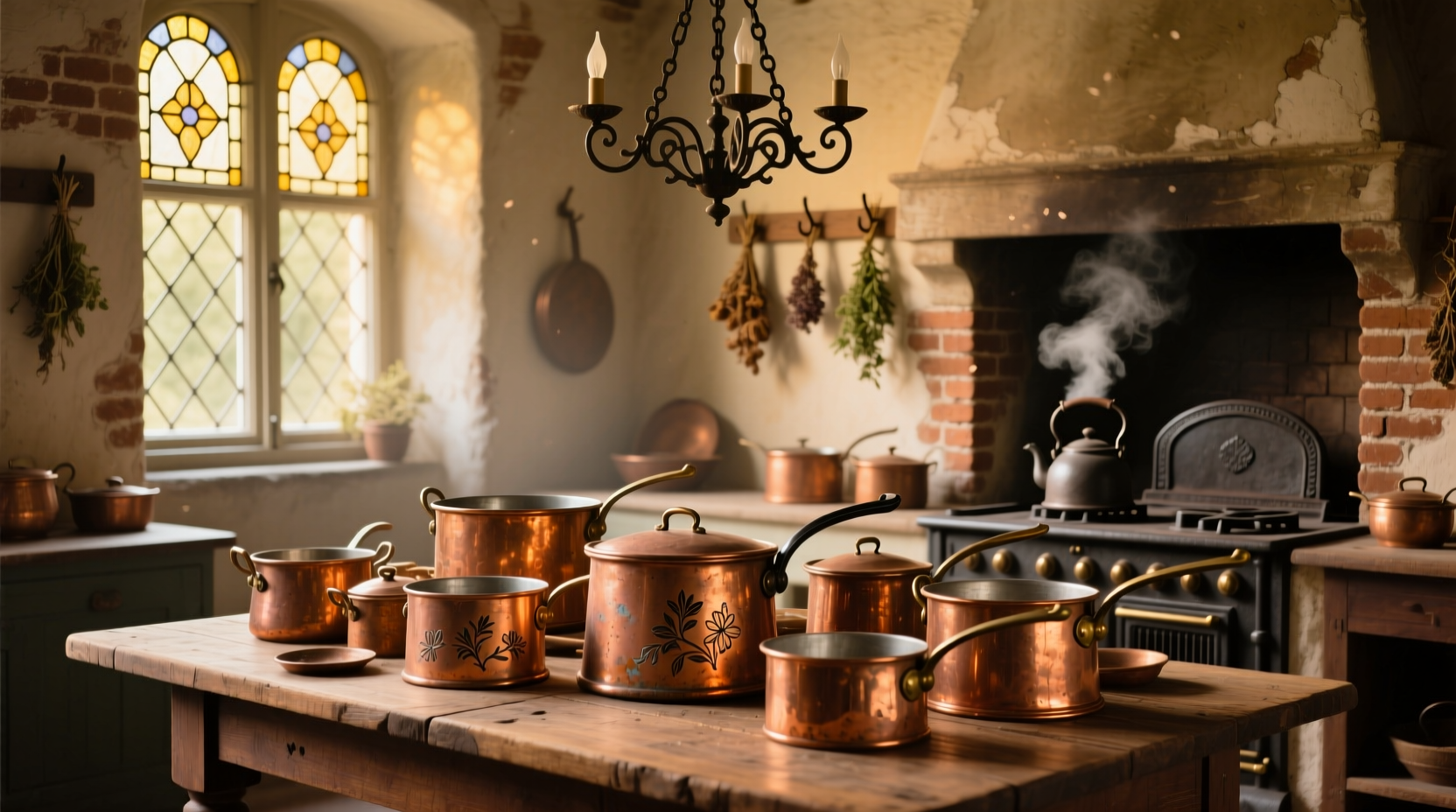 Vintage 19th century kitchen with copper pots
