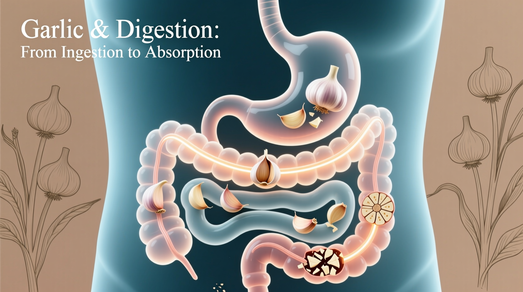 Garlic cloves with digestive system illustration