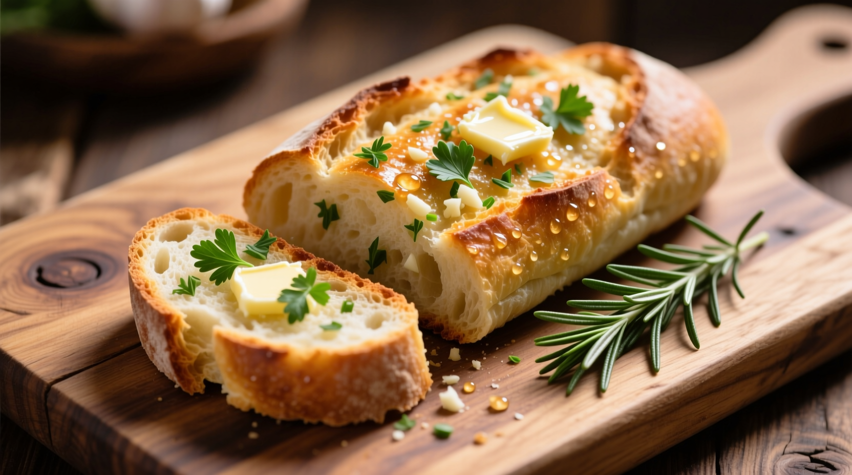Homemade garlic bread with fresh herbs on wooden board