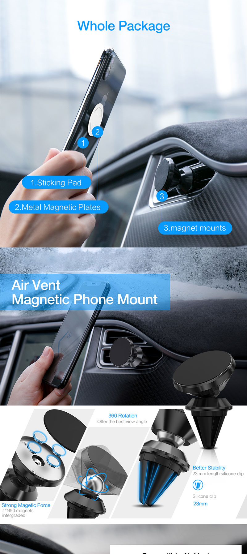 EONLINE 360 Supporto magnetico per telefono con presa d'aria Supporto per telefono magnetico per auto con supporto universale per navigazione GPS per auto
