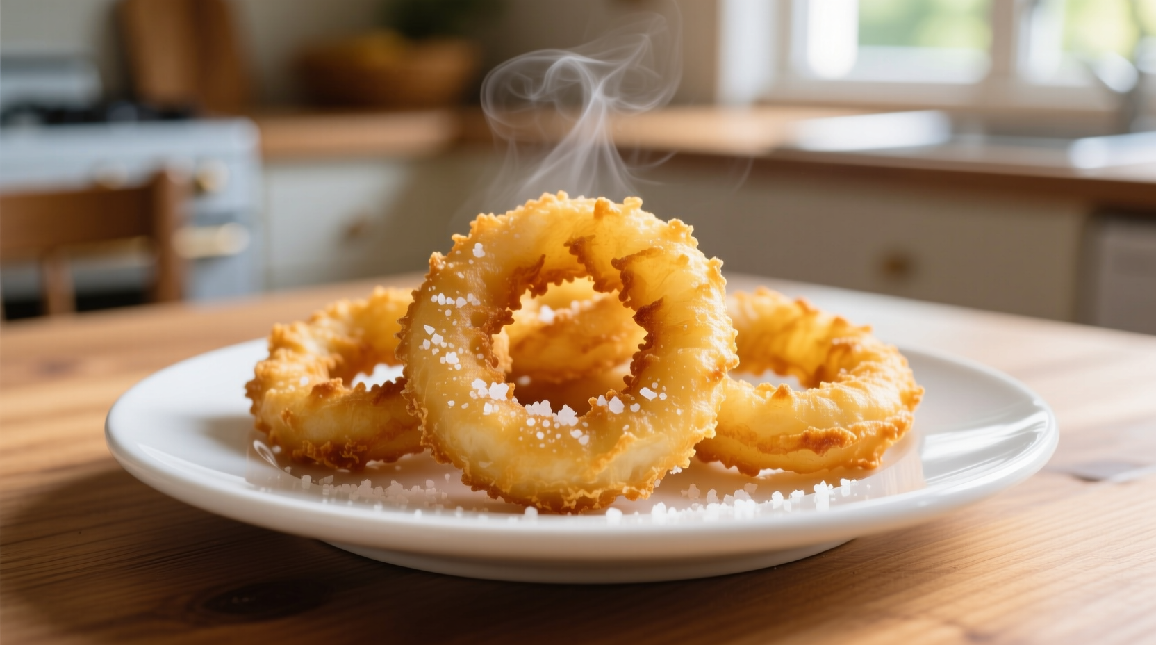 Golden crispy homemade onion rings on white plate