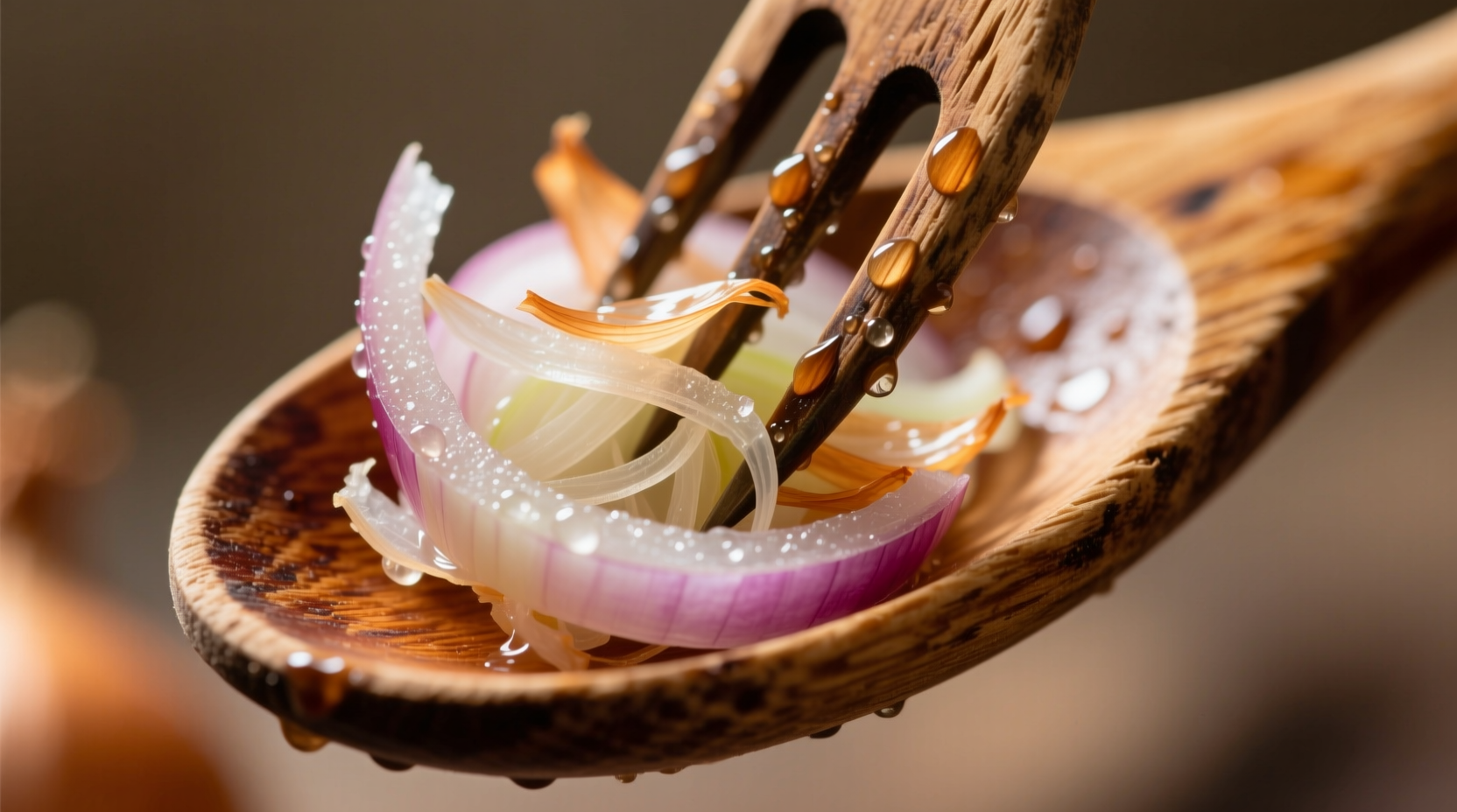 Close-up of granulated onion texture on wooden spoon