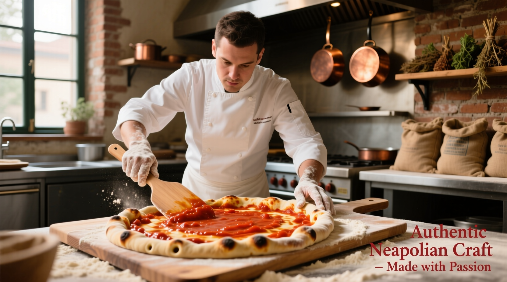 Professional chef spreading tomato sauce on pizza dough
