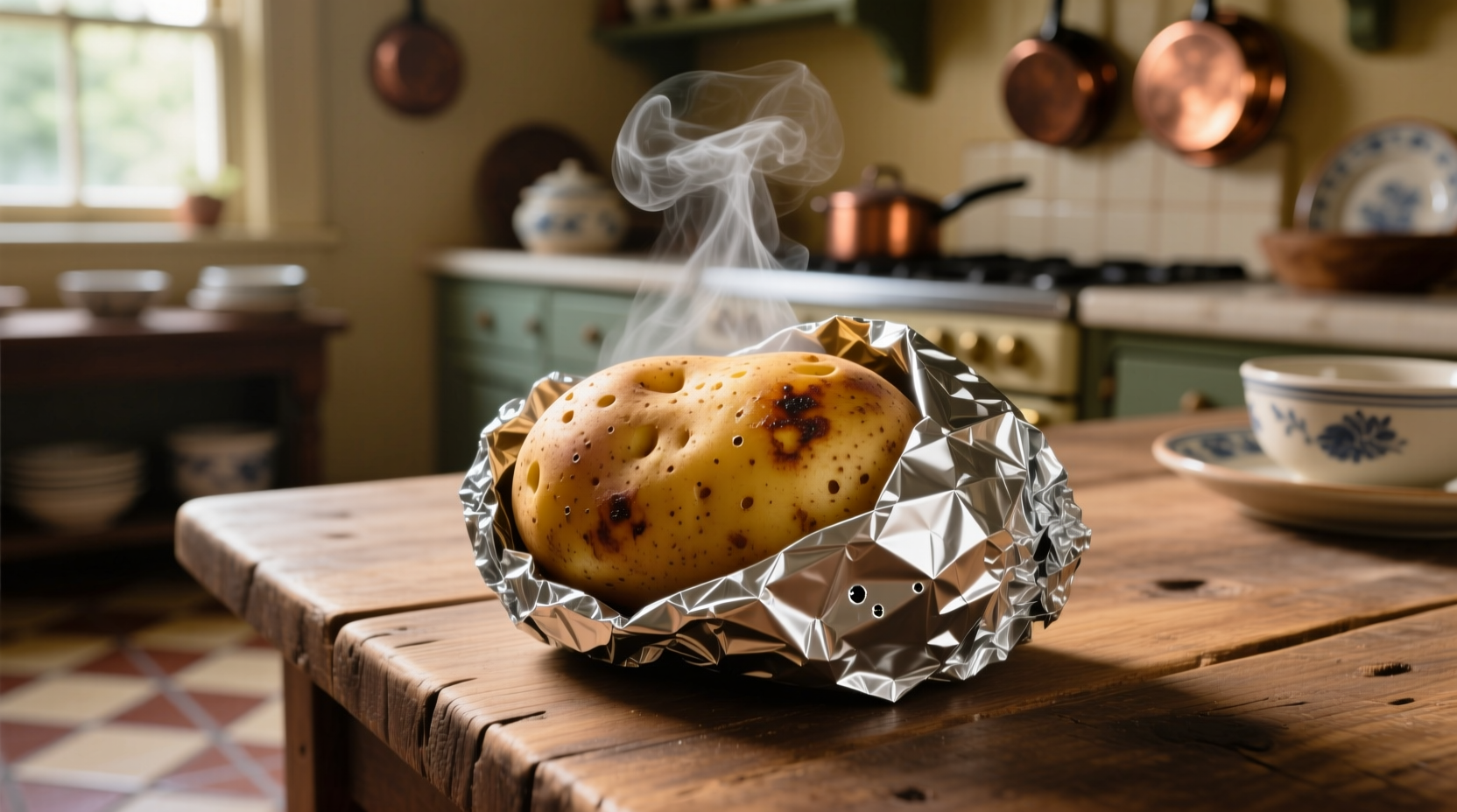 Perfectly baked potato wrapped in foil with steam rising