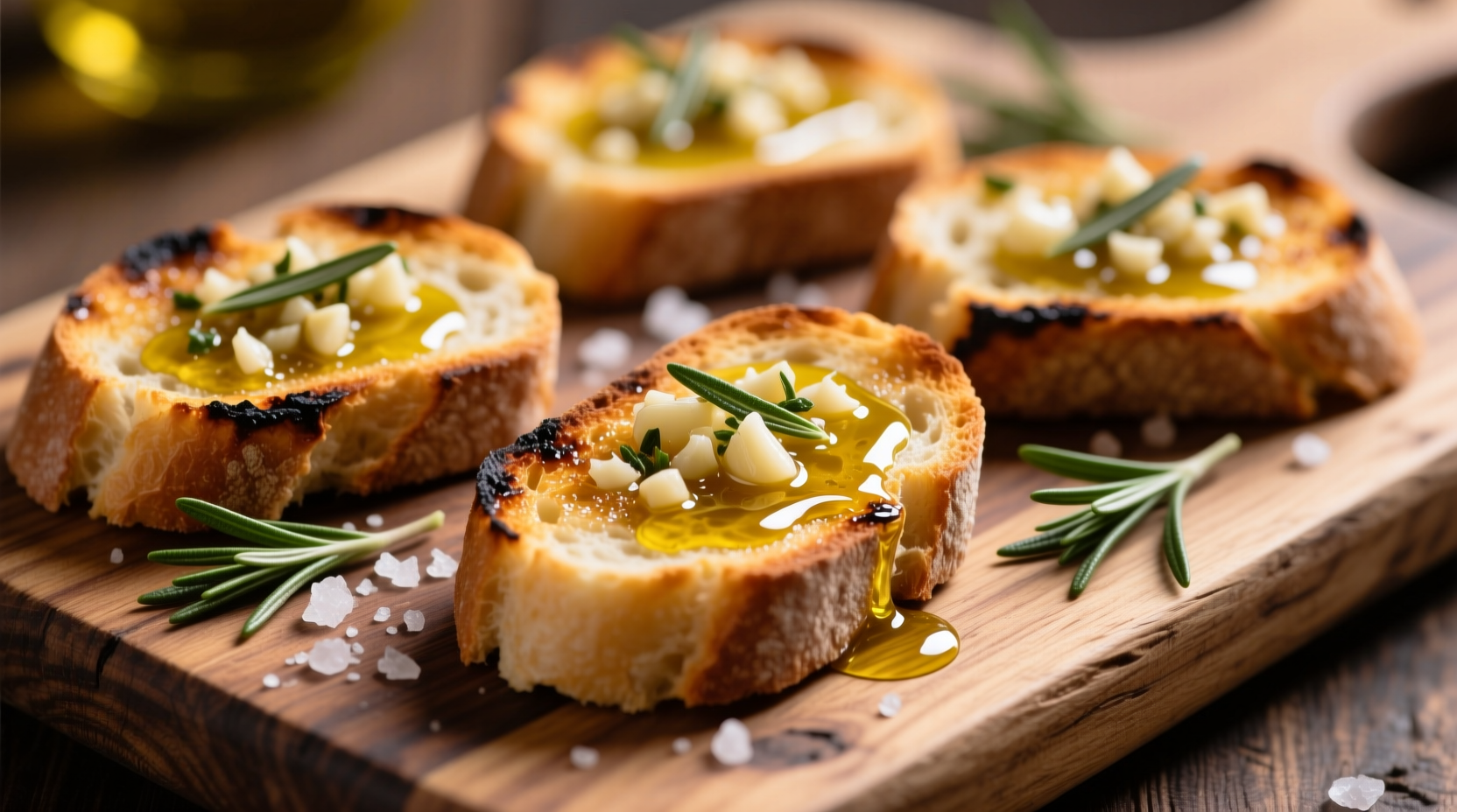 Golden garlic crostini on wooden board with olive oil drizzle