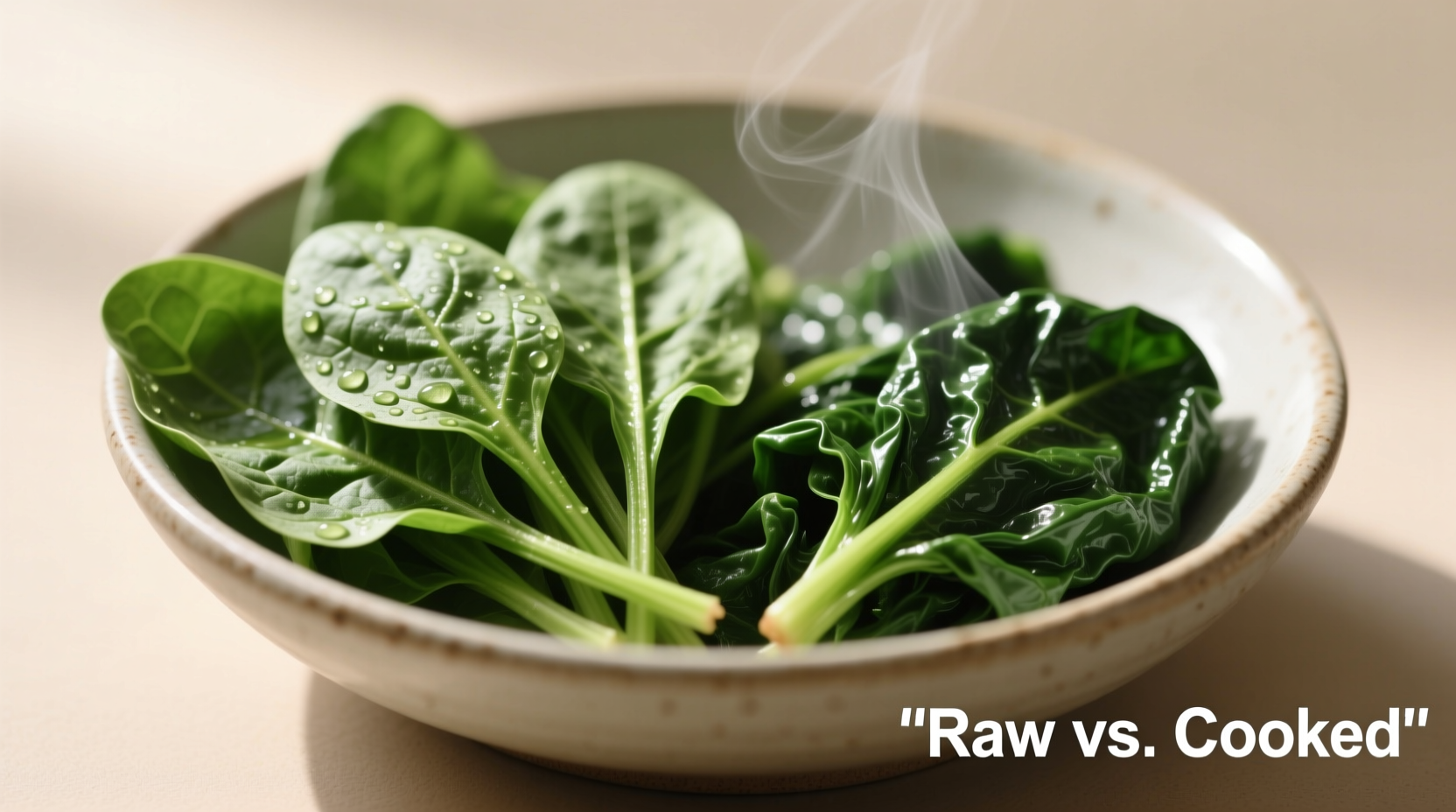Raw spinach leaves next to cooked spinach in a bowl