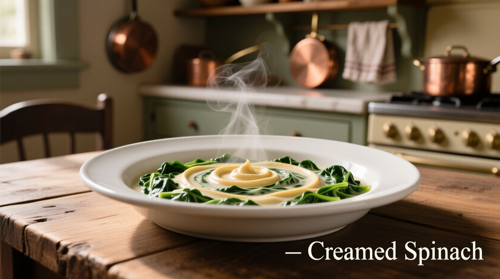 Creamed spinach in white ceramic dish