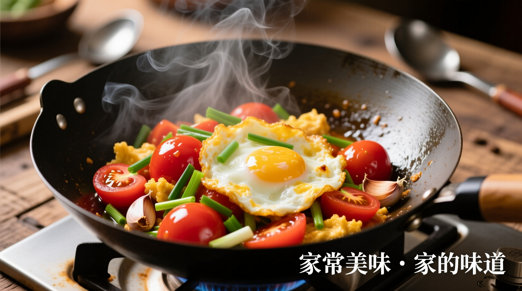 Chinese tomato egg stir fry in wok with fresh ingredients