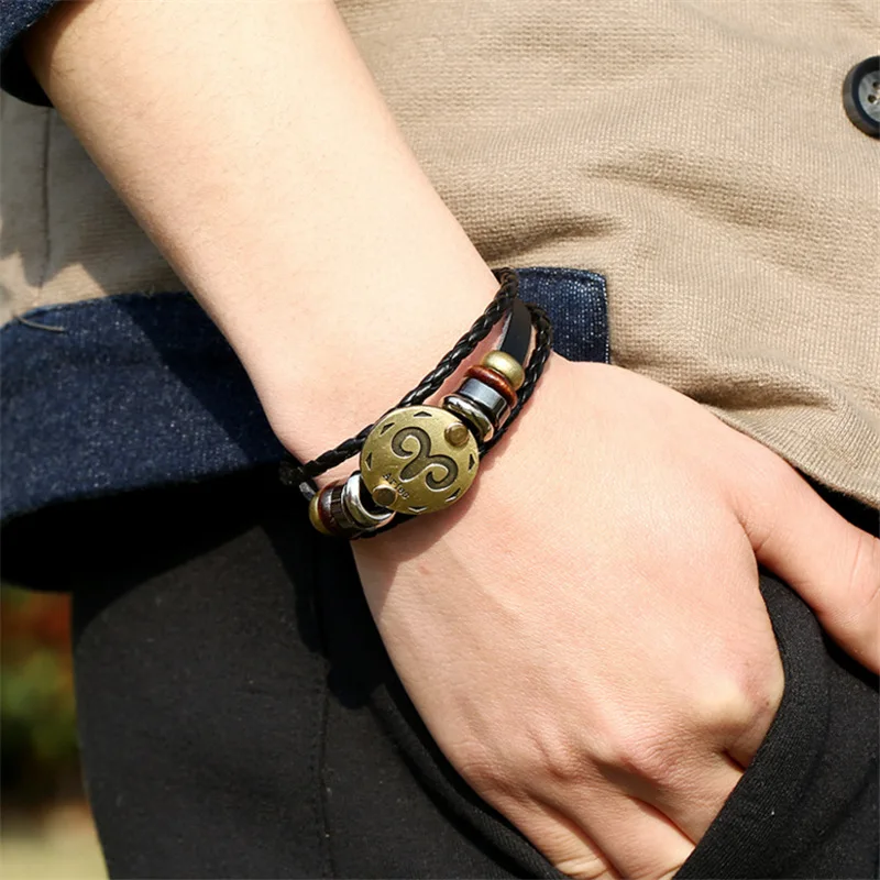 Custom Men Leather Bracelet Handmade Adjustable Braided Leather Cord Bracelet 12 Zodiac Charm Bracelet