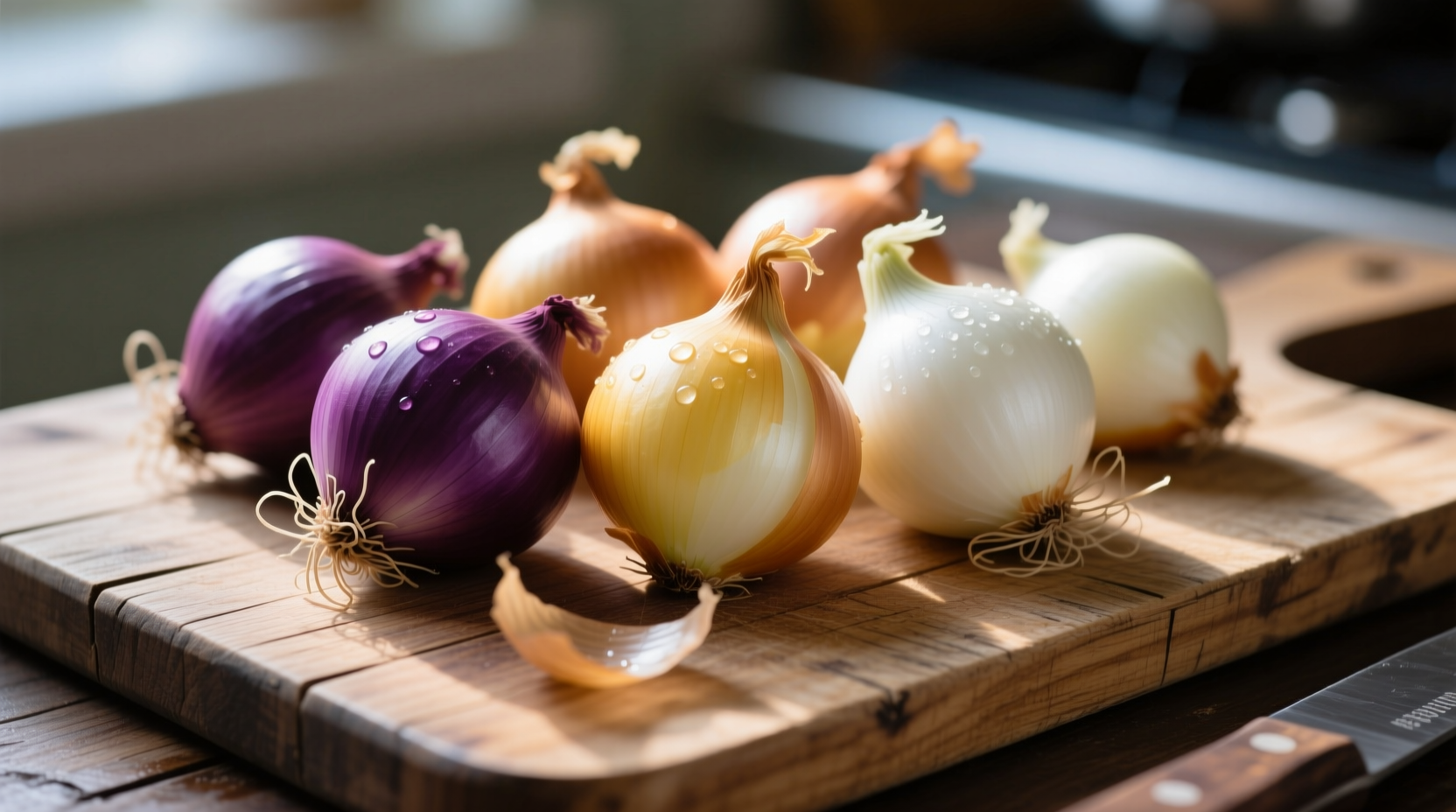 Fresh onions on wooden cutting board