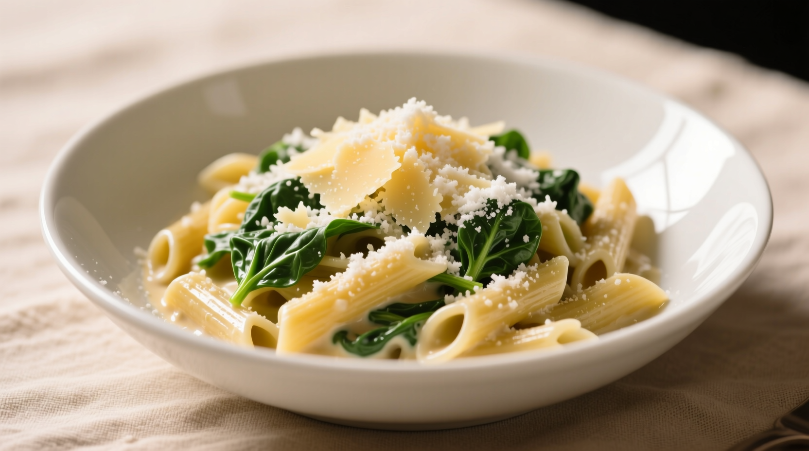 Creamy spinach pasta in white bowl with fresh parmesan