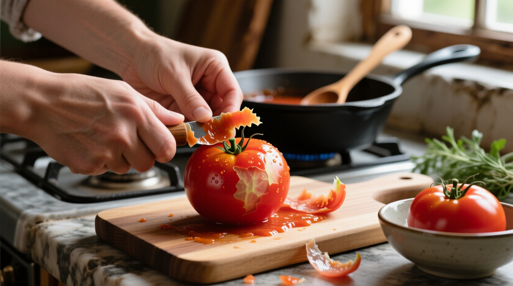 Fresh tomatoes being peeled for homemade sauce
