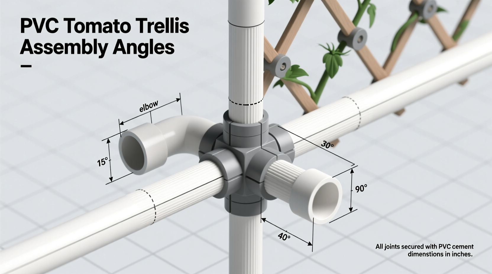 Diagram showing PVC pipe assembly angles for tomato trellis