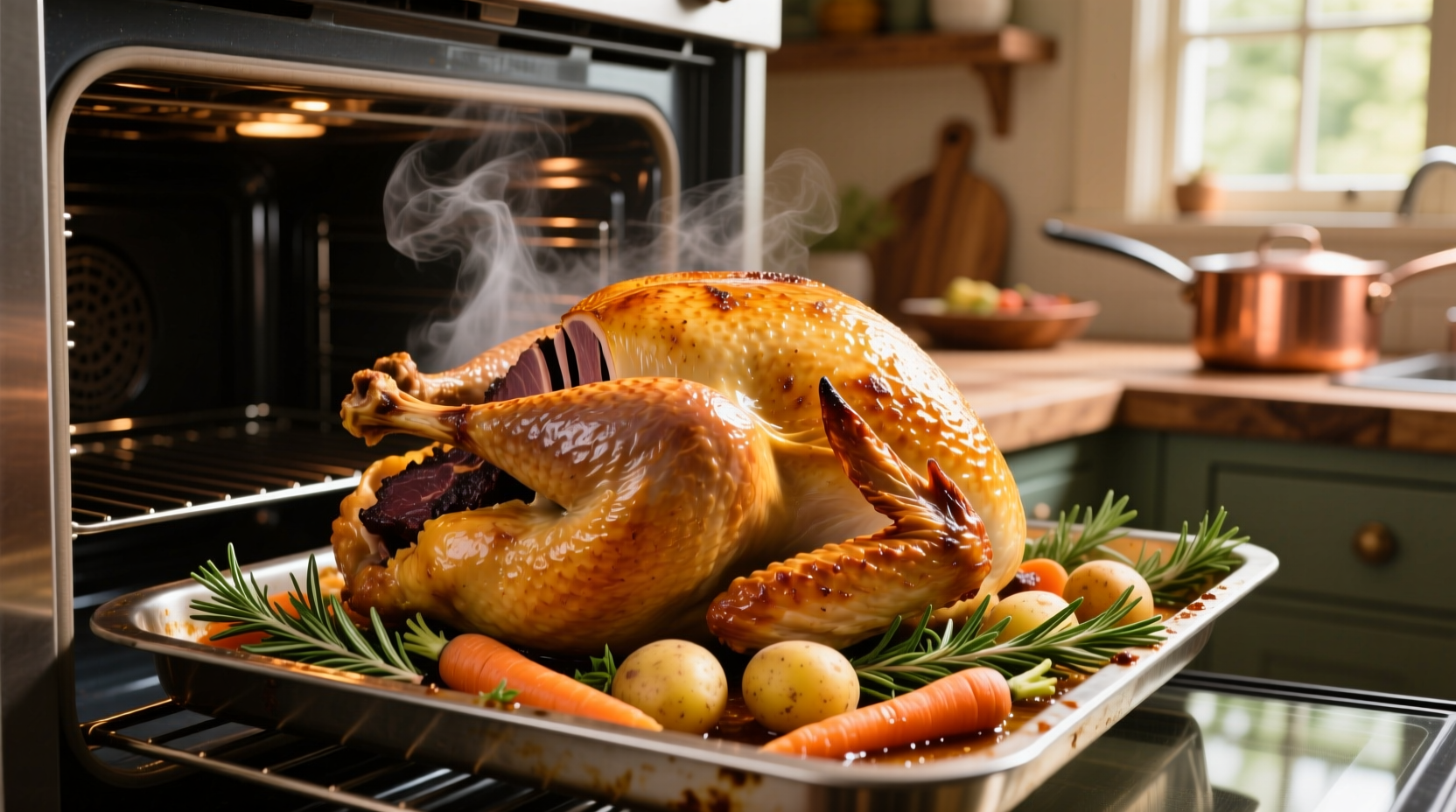 Golden roasted turkey in roaster oven with vegetables