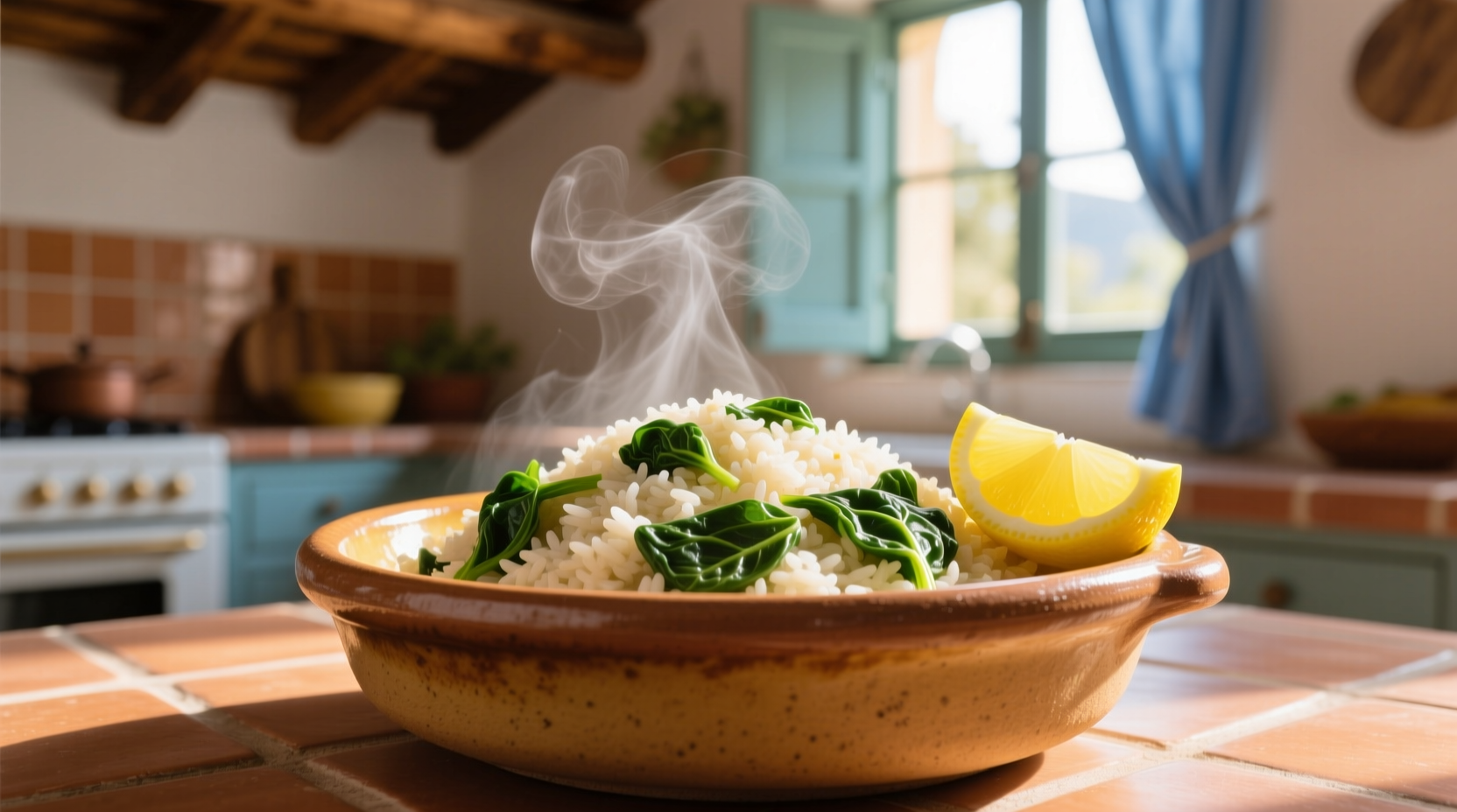 Traditional Greek spinach rice in ceramic dish with lemon wedge